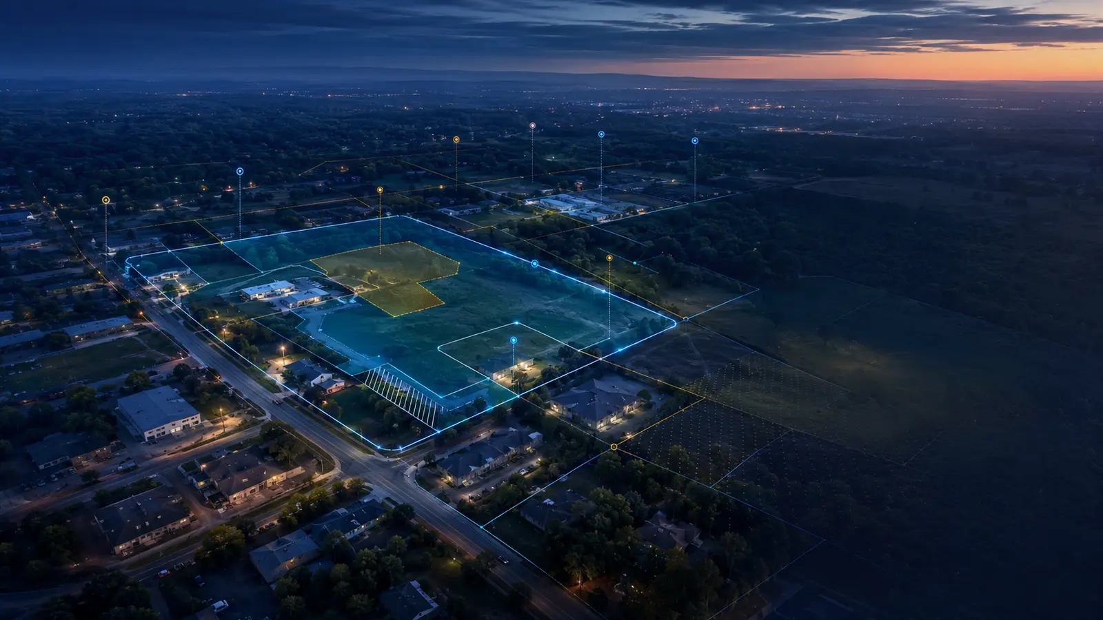 Representative AI-generated aerial parcel intelligence visualization with fictional property boundaries