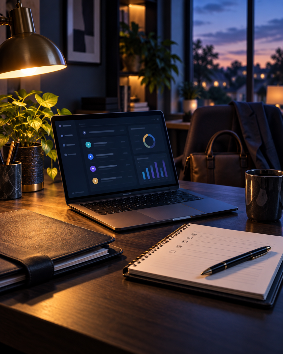 An evening home workspace with an organized project notebook, laptop, and work bag, ready for building a business after the workday.