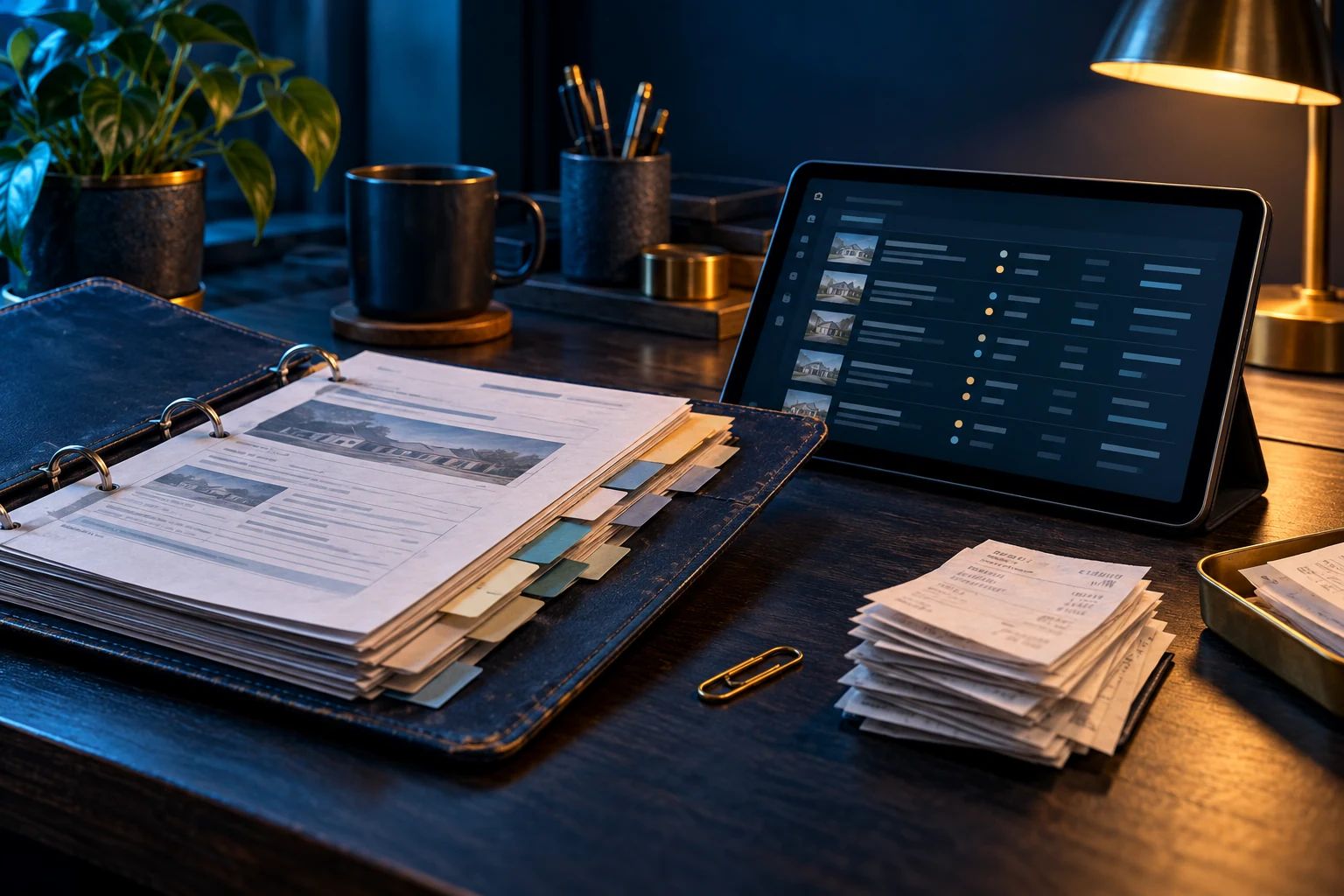 Business records and a notebook arranged on a small-business owner's desk